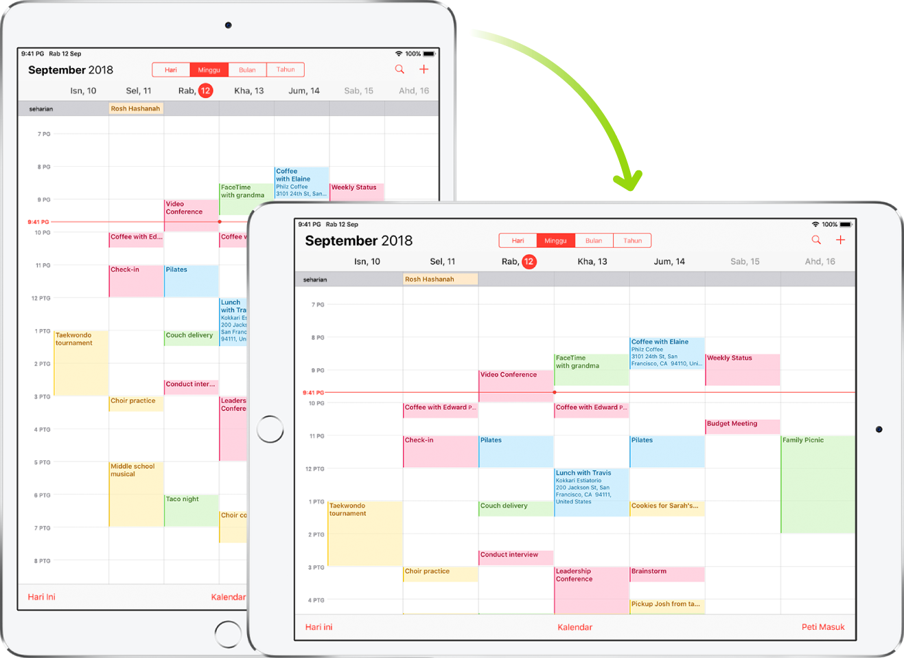 Di latar belakang, iPad memaparkan skrin Kalendar dalam orientasi potret; di latar depan, iPad diputarkan dan menunjukkan skrin Kalendar dalam orientasi landskap.