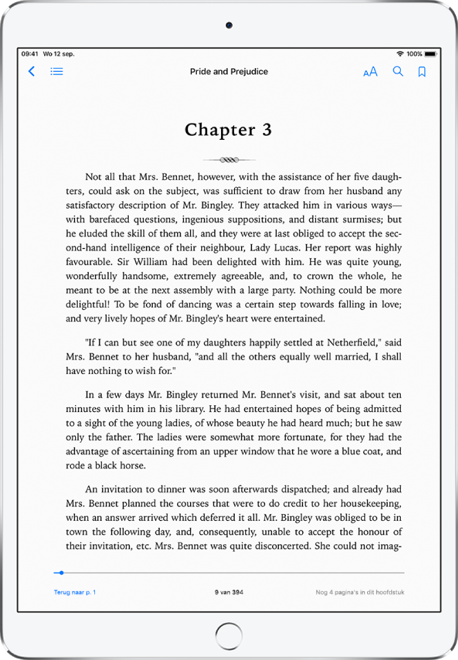 De pagina van een geopend boek in de Boeken-app. Boven in het scherm bevinden zich de navigatieregelaars met van links naar rechts knoppen voor het sluiten van een boek, de inhoudsopgave, het weergavemenu, zoeken en bladwijzers.