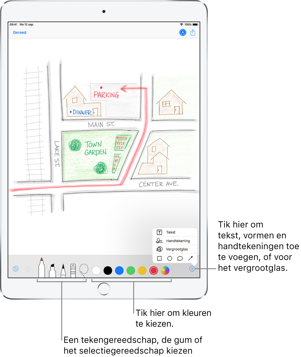 Een afbeelding in het venster 'Markeringen'. Onder de afbeelding zie je van links naar rechts de knoppen voor de annotatiegereedschappen: tekenpennen, gum, selectiegereedschap en kleuren; knoppen voor het toevoegen van een tekstvak, je handtekening en vormen; en een knop voor het vergrootglas.