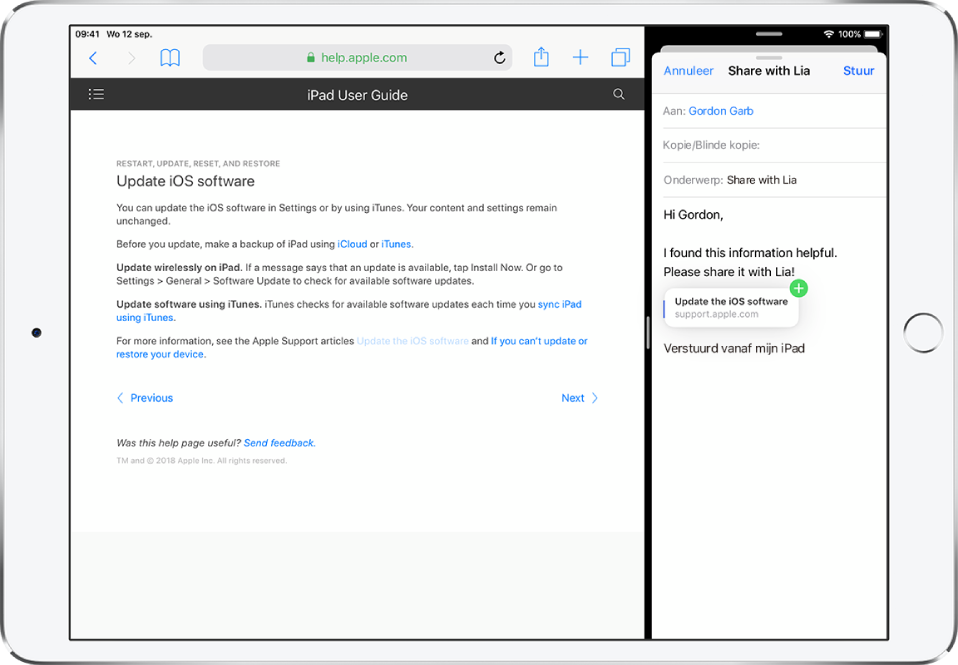 Een Split View­weergave met links een webpagina en rechts een e-mail. Een koppeling van de webpagina wordt naar de e-mail gesleept.