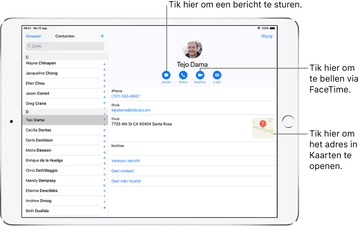 De geopende Contacten-app, met links de lijst met contacten en rechts de geselecteerde contactpersoon. Onder de foto en naam van de contactpersoon staan knoppen voor het versturen van een bericht, het starten van een telefoongesprek of videogesprek en het versturen van een e-mail. Onder de knoppen vind je de contactgegevens.