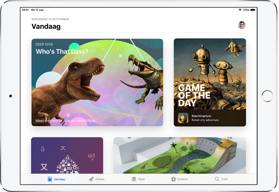 Het scherm 'Vandaag' in de App Store met een uitgelichte app. Rechtsboven zie je je profielfoto. Daarop kun je tikken om je aankopen weer te geven. Onder in het scherm zie je van links naar rechts de tabbladen 'Vandaag', 'Games', 'Apps', 'Updates' en 'Zoek'.
