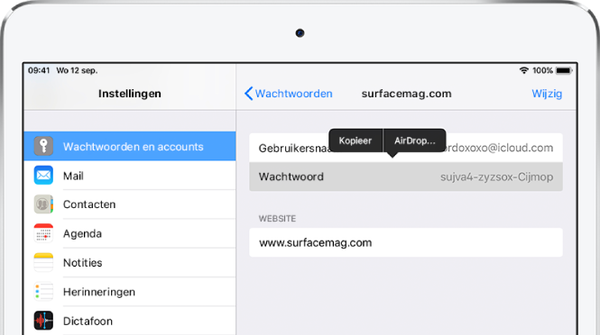 Het scherm 'Wachtwoorden en accounts' voor een website. Het wachtwoordgedeelte is geselecteerd en daarboven wordt een menu weergegeven met de onderdelen 'Kopieer' en 'AirDrop'.