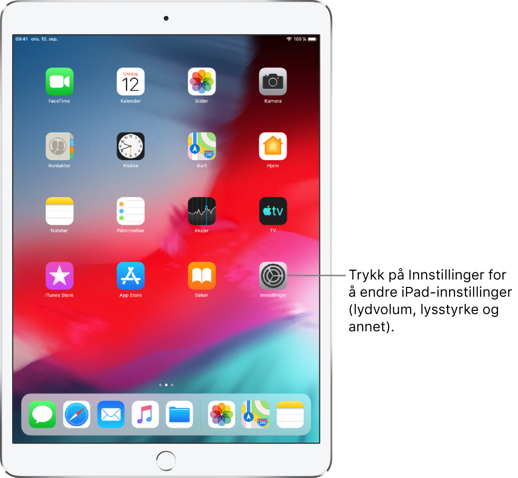 Hjem-skjermen på iPad, med flere symboler, inkludert Innstillinger-symbolet, som du kan trykke på for å endre lydvolumet, lysstyrken på skjermen og annet på iPaden.