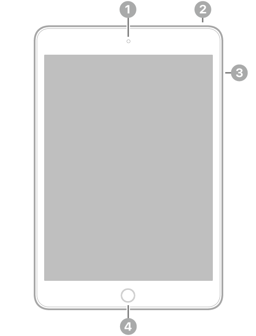 iPad mini sett forfra, med bildeforklaringer for kameraet foran øverst i midten, toppknappen øverst til høyre, volumknappene på høyre side og Hjem-knappen / Touch ID nederst i midten.