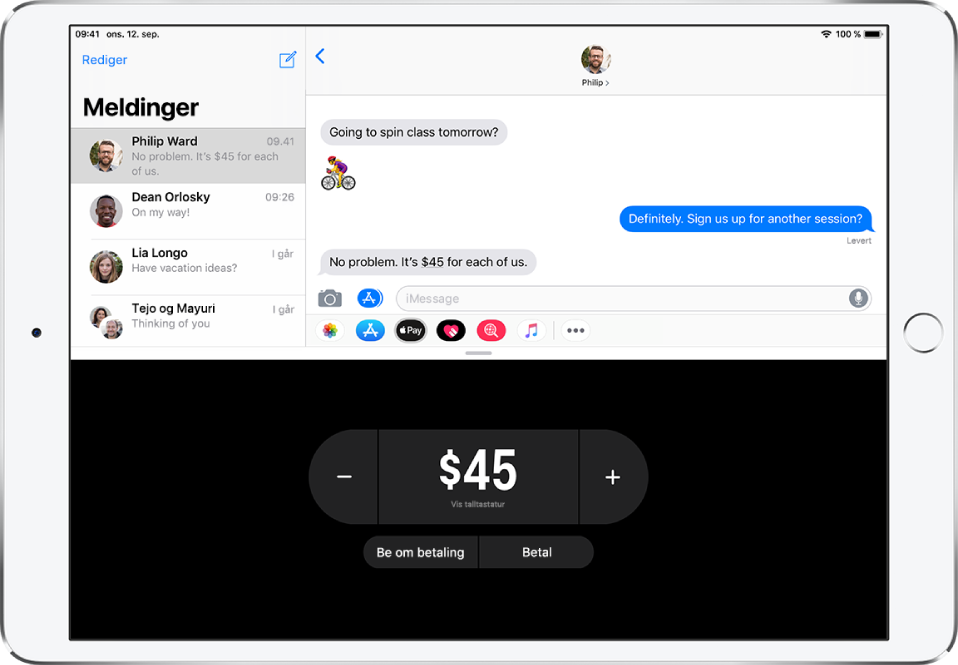 En iMessage-samtale med Apple Pay-appen åpen nederst.