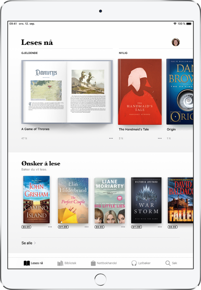 En skjerm i Bøker-appen. Nederst på skjermen, fra venstre mot høyre: fanene Leses nå, Bibliotek, Nettbokhandel, Lydbøker og Søk – fanen Leses nå er markert. Øverst på skjermen er Leses nå-delen, som viser bøkene som leses nå. Under den er Ønsker å lese-delen, som viser bøker du kanskje vil lese.