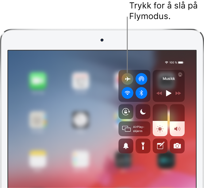En del av Kontrollsenter som viser at et trykk på knappen øverst til venstre slår på Flymodus.