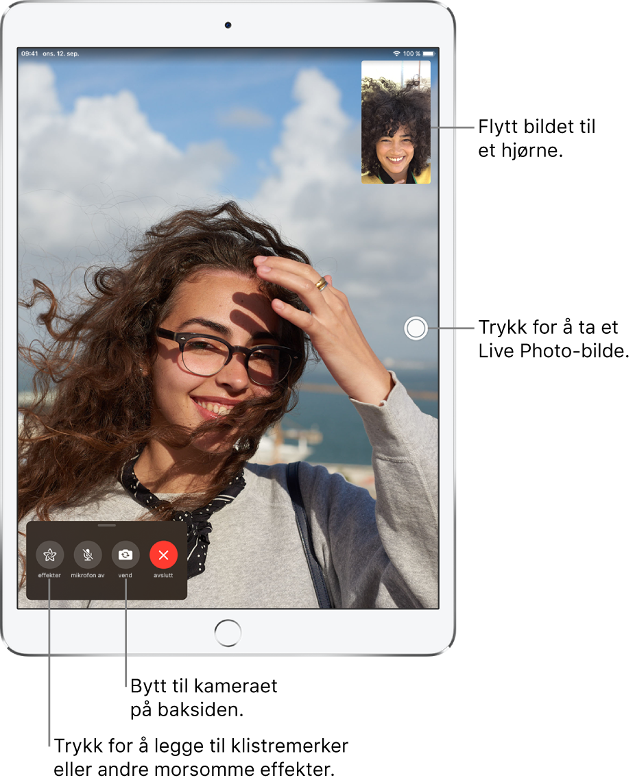 FaceTime-skjermen som viser en samtale. Bildet av deg vises i en liten firkant øverst til høyre, og bildet av den andre personen vises på resten av skjermen. Nederst på skjermen er knappene Effekter, Lyd av, Bytt kamera og Avslutt.