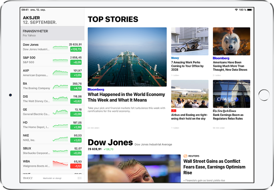 En Aksjer-skjerm i liggende retning. På venstre side av skjermen er overvåkningslisten som viser aksjesymboler og -navn. Ved siden av symbolet og navnet vises en ytelseskurve, aksjeprisen og prisendringen. Toppsaker om forretningsnyheter fra forskjellige kilder vises til høyre for overvåkningslisten.