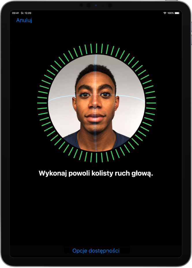 Ekran konfiguracji funkcji Face ID. Na ekranie wyświetlana jest twarz otoczona okrągłą ramką. Poniżej znajduje się tekst proszący użytkownika o powolne wykonanie kolistego ruchu głową.