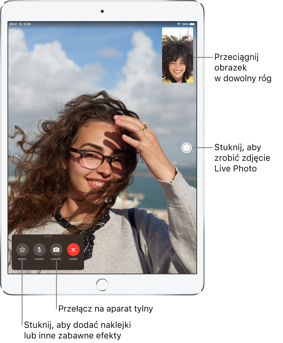 Ekran aplikacji FaceTime w trakcie połączenia. Obraz z użytkownikiem jest wyświetlany w małym okienku w prawym górnym rogu; obraz z rozmówcą wypełnia resztę ekranu. Na dole ekranu znajdują się przyciski efektów, wyciszania, zmiany aparatu i kończenia połączenia.