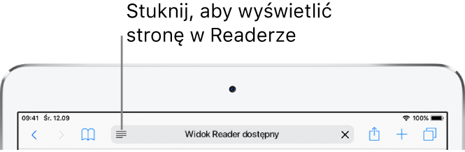 Pasek narzędzi Safari, zawierający ikonę Reader wyświetlaną z lewej strony pola adresu.