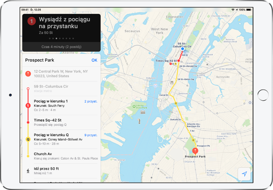 Mapa transportu publicznego Nowego Jorku z oznaczoną linią kolei miejskiej do Prospect Park. Karta trasy po lewej stronie zawiera wskazówki „krok po kroku“, w tym dotyczącą przesiadki do innego pociągu i przejścia pieszo dystansu około 20 metrów.