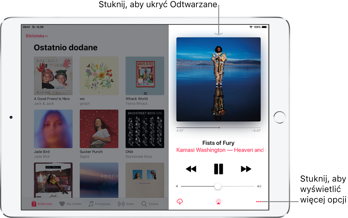 Ekran Odtwarzane, zawierający grafikę albumu. Poniżej znajduje się głowica, tytuł utworu, nazwa wykonawcy i albumu, narzędzia odtwarzania, suwak głośności oraz przyciski Pobierz, Odtwarzanie przez i Więcej. Przycisk ukrywania ekranu Odtwarzane znajduje się u góry ekranu.