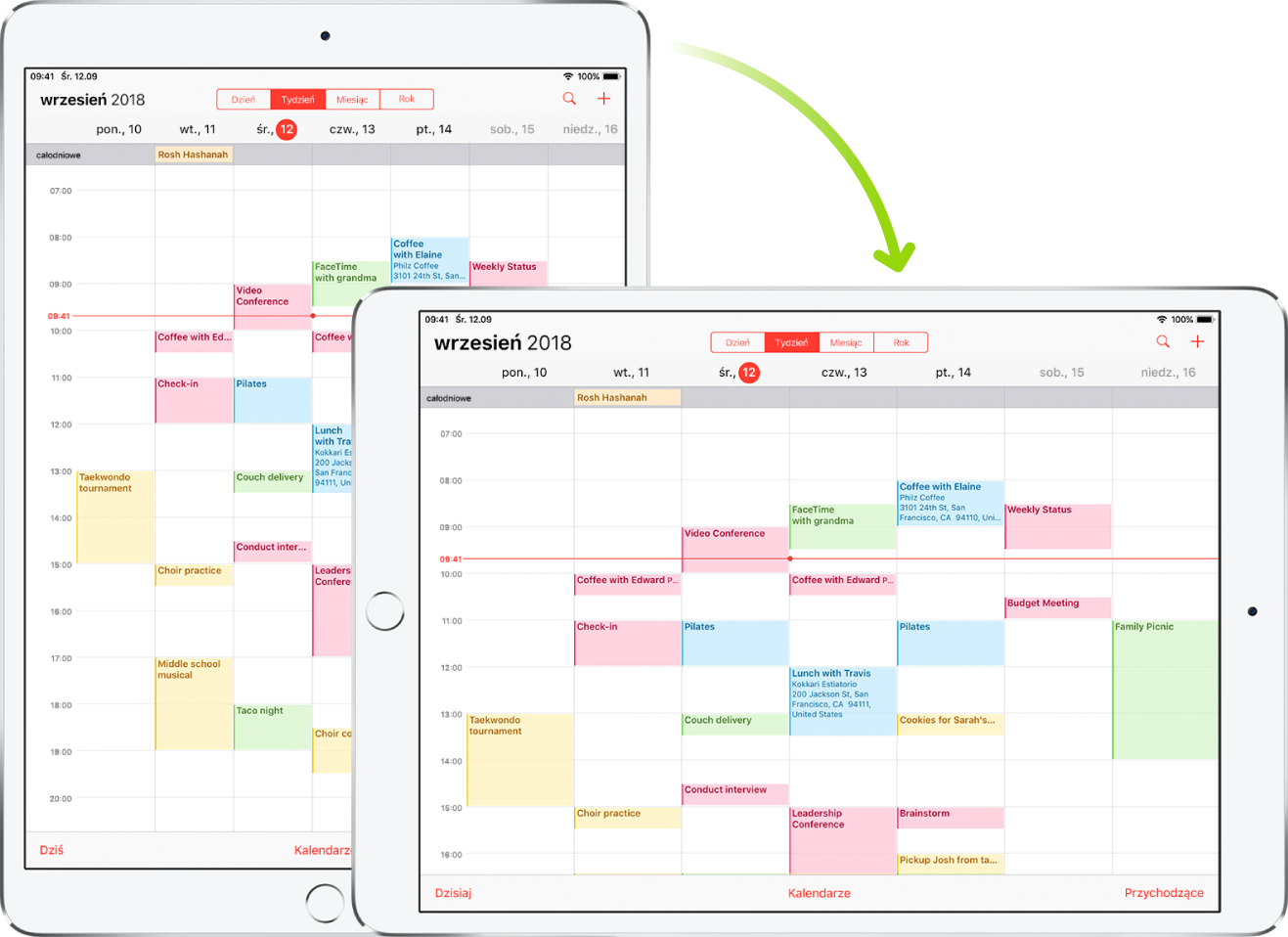 W tle iPad w orientacji pionowej pokazujący z otwartą aplikacją Kalendarz; na pierwszym planie iPad pokazujący tę samą aplikację w orientacji poziomej.