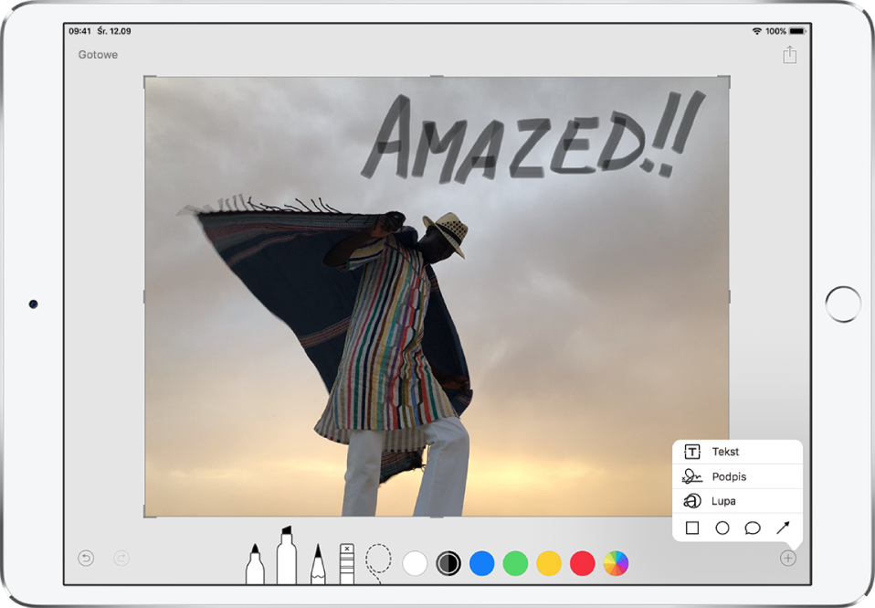 Zdjęcie z odręczną adnotacją w kolorze szarym „Amazed!!“. Na dole ekranu znajdują się narzędzia rysowania i pola wyboru koloru. W lewym dolnym rogu znajduje się menu z opcjami dodawania tekstu, podpisów, lupy lub kształtów.