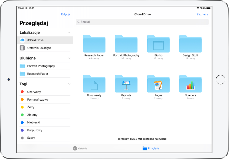 Ekran aplikacji Pliki z paskiem bocznym przeglądania po lewej oraz folderami na iCloud Drive po prawej.