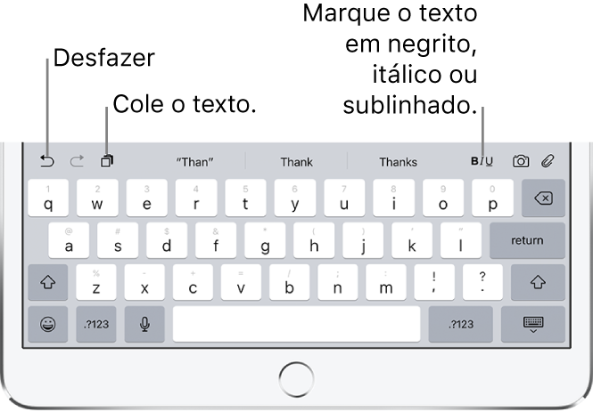 Linha superior do teclado em destaque, com texto preditivo acima. Os ícones da Barra de Atalhos encontram-se em um dos lados do texto preditivo.