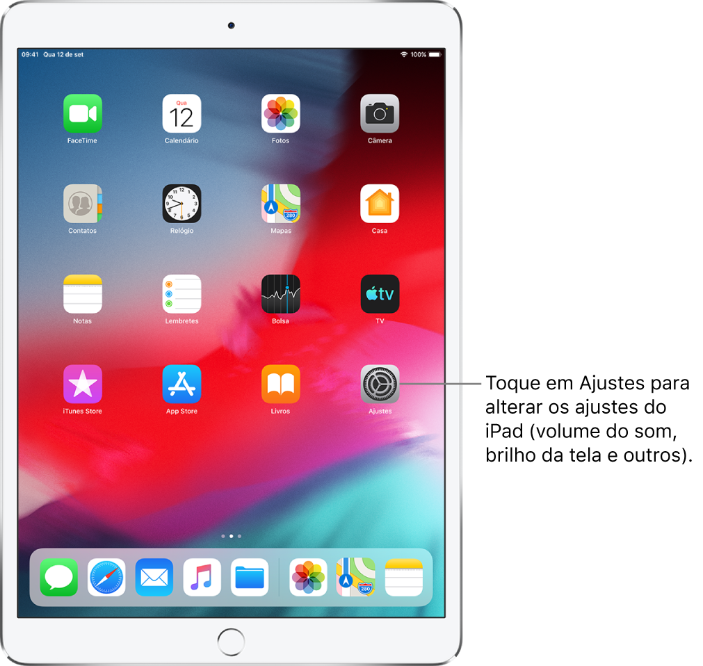 Tela de Início do iPad com vários ícones, incluindo o ícone dos Ajustes, o qual você pode tocar para alterar o volume do som, o brilho da tela e outros ajustes do iPad.