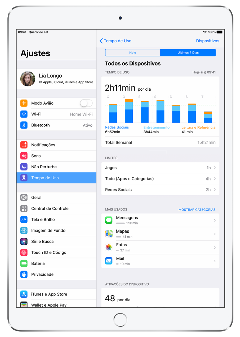 Tempo de Uso está selecionado nos Ajustes. No lado direito da tela, encontra-se o relatório de atividade do Tempo de Uso. A parte superior do relatório mostra a opção para selecionar Hoje e Últimos 7 Dias; Últimos 7 Dias está selecionado. Na parte superior do relatório, um gráfico mostra quanto tempo foi gasto em jogos, entretenimento e redes sociais em cada dia da semana. Abaixo do gráfico, a seção Limites, onde você pode definir limites de tempo para jogos, apps e redes sociais. Abaixo disso, a lista dos apps mais usados. Na parte inferior do relatório, o número total de vezes que o dispositivo foi pego é exibido.