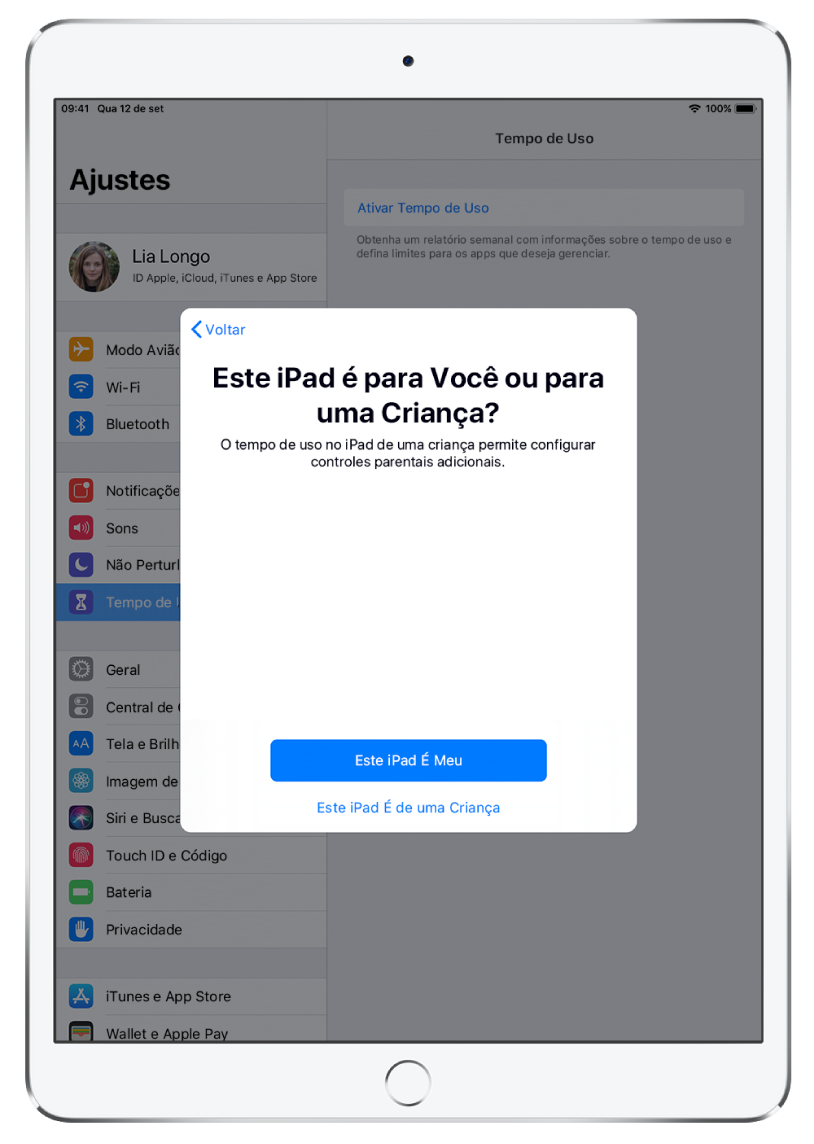 Tela de configuração do Tempo de Uso mostrando a opção para selecionar Este iPad É Meu ou Este iPad É de uma Criança