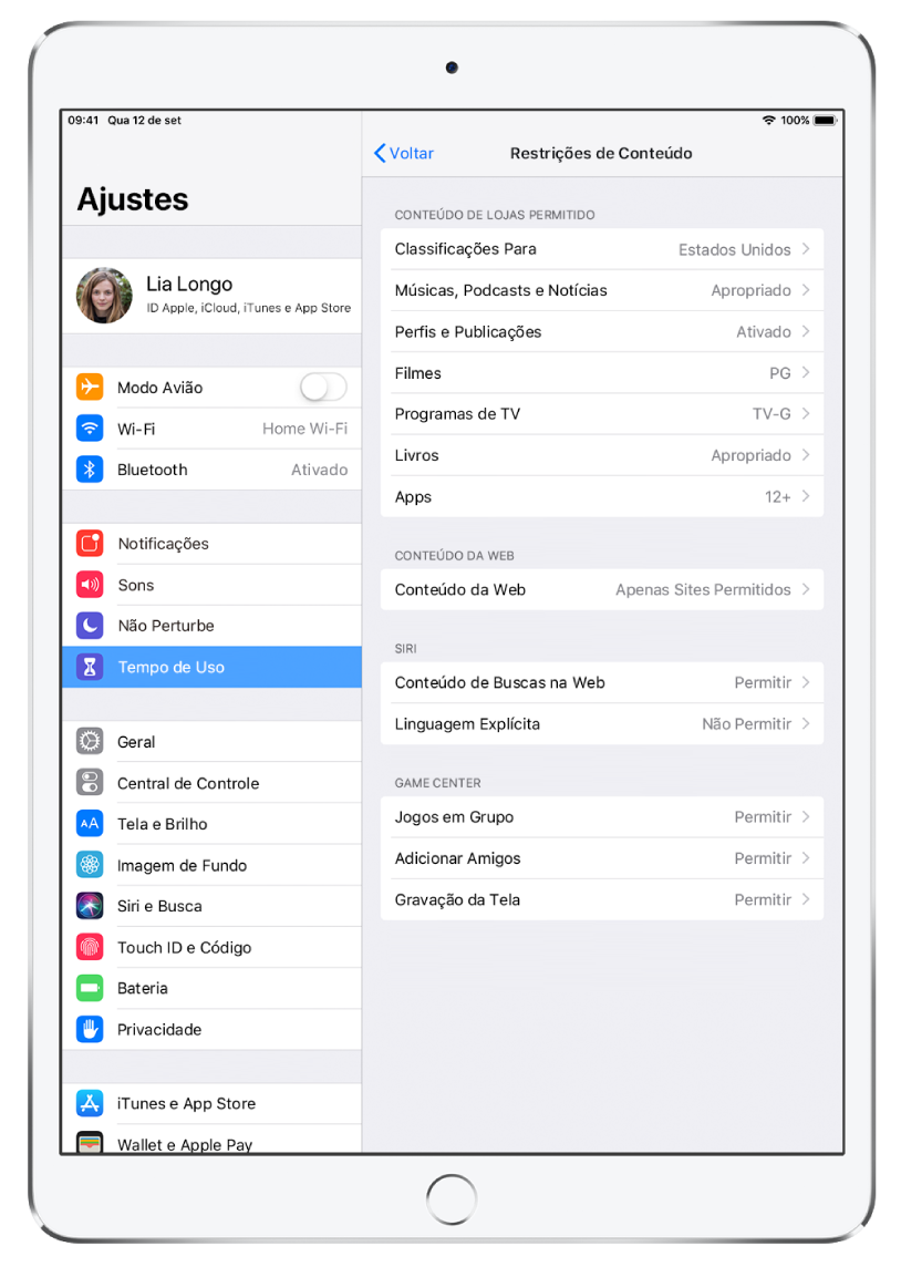 Tela Restrições de Conteúdo do Tempo de Uso. As opções do ajuste aparecem na lista da parte superior até a parte inferior da tela e mostram que a classificação etária esta definida em Estados Unidos. Música, Podcasts e News estão definidos em apropriado, Filmes em PG, Programas de TV em TV-G, Livros em Apropriado e Apps em maior de doze.