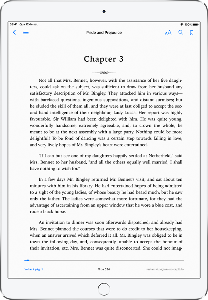 Página de um livro aberto no app Livros mostrando os controles de navegação na parte superior da tela; da esquerda para a direita, para fechar um livro, índice, menu de aparência, buscar e criar marcador.