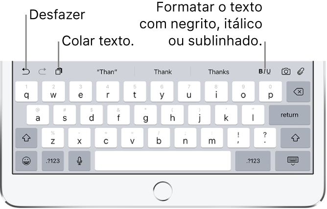 Grande plano da fila de cima do teclado com as sugestões de texto por cima. De cada um dos lados das sugestões de texto estão os ícones da barra de atalhos.