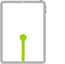 Uma ilustração do iPad. Com início na parte inferior do ecrã, uma linha que termina com um ponto no centro do ecrã indica um gesto de arrastar e pausar.