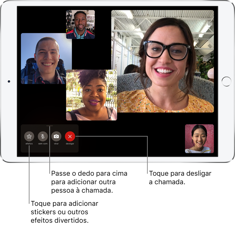 Uma chamada FaceTime de grupo com cinco participantes, incluindo o criador. Cada participante é apresentado num mosaico diferente, com os mosaicos maiores a indicarem os participantes mais ativos.