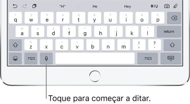 O teclado no ecrã com a tecla Ditar à esquerda da barra de espaço.