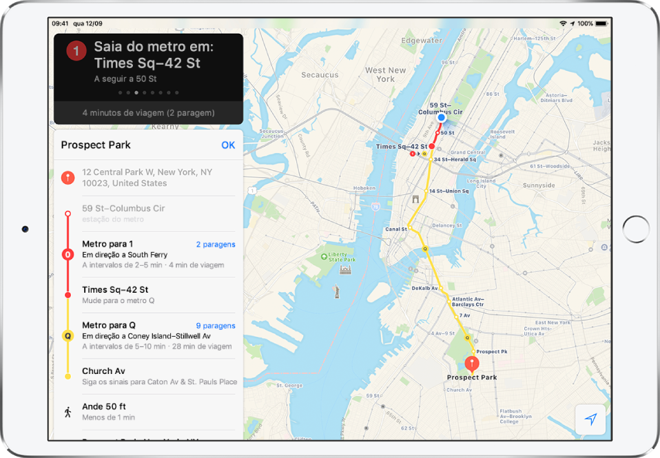 Um mapa de transportes de Nova Iorque, com um itinerário de comboio entre Columbus Circle e Prospect Park. Uma ficha de itinerário à esquerda mostra indicações paragem a paragem, incluindo um transbordo e uma caminhada de 15 m.
