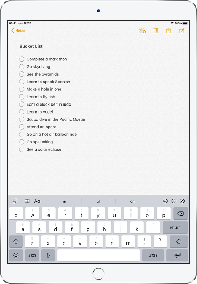 Documento das Notas, com o teclado no ecrã.