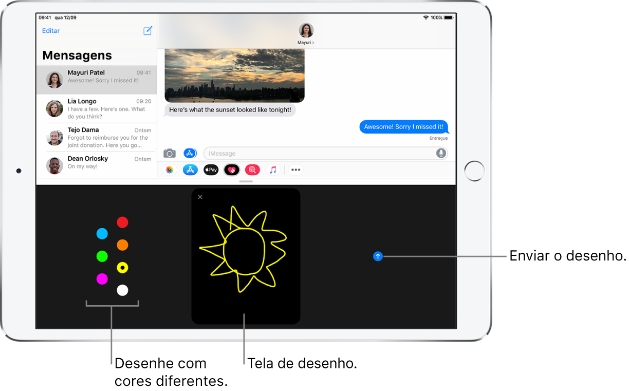 Uma janela da aplicação Mensagens, com o ecrã dos toques Digital Touch por baixo. As opções de cores estão à esquerda, a tela de desenho no centro e o botão Enviar à direita.