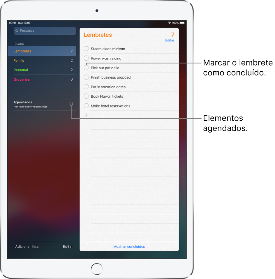 Ecrã de Lembrete apresentando uma lista de lembretes. Toque num lembrete para o marcar como concluído.