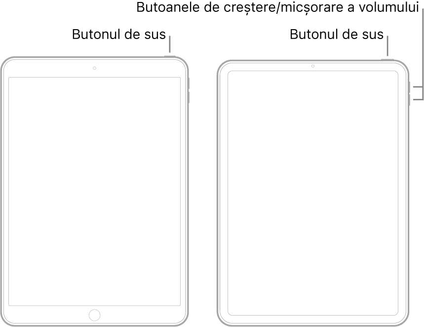 Ilustrații cu două tipuri de iPad cu ecranele îndreptate în sus. Ilustrația din stânga prezintă un model cu butonul principal aflat în partea de jos a dispozitivului și butonul de sus aflat în dreapta, pe marginea de sus a dispozitivului. Ilustrația din dreapta prezintă un model fără buton principal. Pe acest dispozitiv, butoanele de creștere și de micșorare a volumului se află pe marginea din dreapta a dispozitivului, în apropierea părții de sus, iar butonul de sus se află în dreapta, pe marginea de sus a dispozitivului.