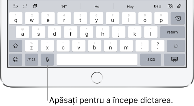 Tastatura de pe ecran afișând tasta Dictați în stânga barei de spațiu.