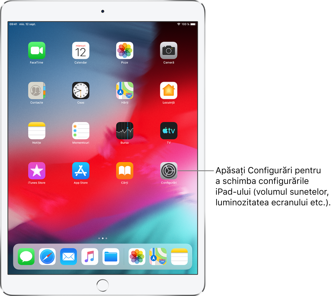 Ecranul principal al iPad-ului afișând mai multe pictograme, inclusiv pictograma Configurări, pe care o puteți apăsa pentru a modifica volumul sunetelor, luminozitatea ecranului iPad-ului etc.
