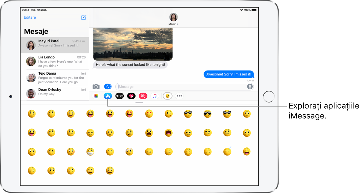 O fereastră Mesaje, având selectat butonul Browser de aplicații. Panoul de aplicații deschise afișează abțibilduri cu fețe zâmbitoare.