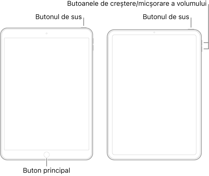 Ilustrații cu două tipuri de iPad cu ecranele îndreptate în sus. Ilustrația din stânga prezintă un model cu butonul principal aflat în partea de jos a dispozitivului și butonul de sus aflat în dreapta, pe marginea de sus a dispozitivului. Ilustrația din dreapta prezintă un model fără buton principal. Pe acest dispozitiv, butoanele de creștere și de micșorare a volumului se află pe marginea din dreapta a dispozitivului, în apropierea părții de sus, iar butonul de sus se află în dreapta, pe marginea de sus a dispozitivului.