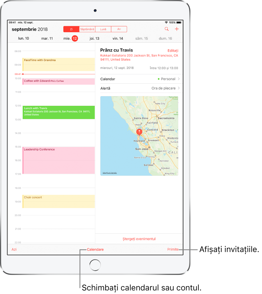 Un calendar în vizualizarea zilei. Apăsați butoanele din partea de sus pentru a alege una dintre următoarele vizualizări: Zi, Săptămână, Lună sau An. Apăsați butonul Calendare din partea de jos pentru a schimba calendarele sau conturile. Apăsați butonul Primite, amplasat în dreapta jos, pentru a vedea invitațiile.