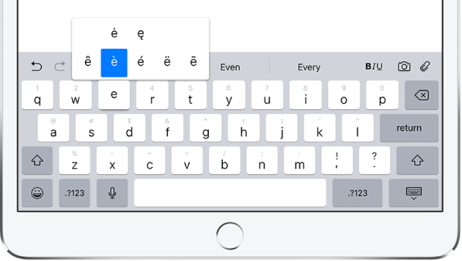 Экран с изображением альтернативных символов для клавиши «e».