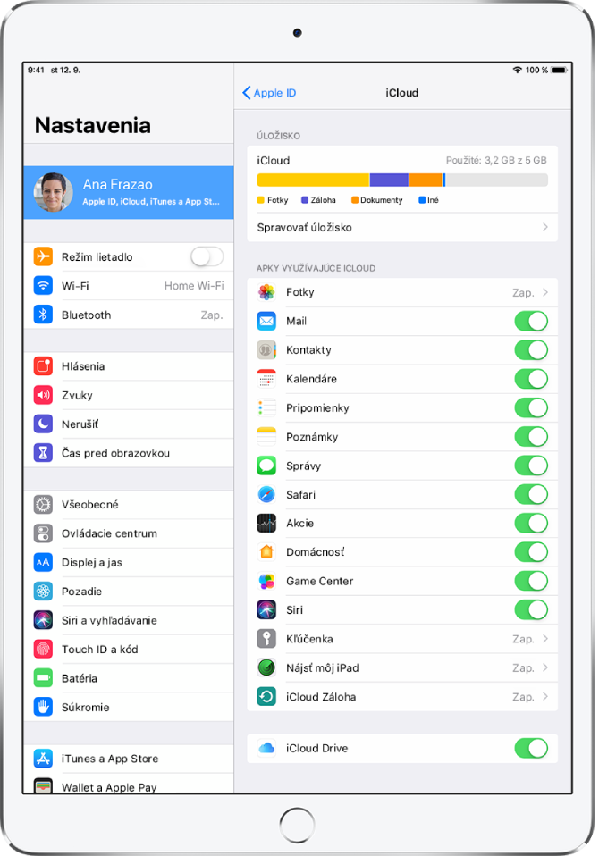 Obrazovka nastavení iCloudu s prehľadom využitia iCloud úložiska a zoznamom apiek a funkcií, ktoré možno s iCloudom používať, napríklad Mail, Kontakty a Správy.