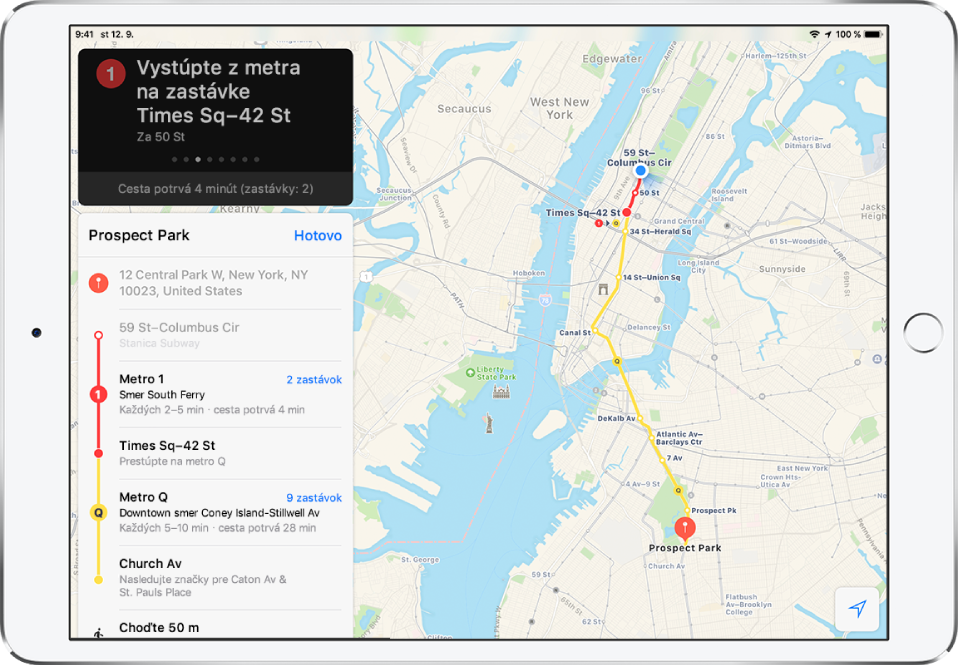 Mapa verejnej dopravy mesta New York City so zobrazenou vlakovou linkou do destinácie Prospect Park. Karta trasy naľavo zobrazuje podrobné pokyny vrátane prestupov vlakov, prechodov na vlak a pešej trasy 15 metrov.