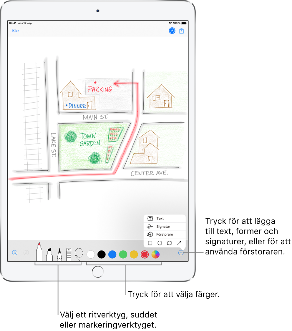 En bild som ritats i ett e-brev. Verktygen för att skapa teckningen finns längst ned på skärmen. Verktygen är, från vänster till höger: pennor, en blyertspenna, suddgummi, markeringsverktyg, sex färgalternativ och en knapp för att lägga till en textruta, en signatur och former samt för att välja förstoraren.