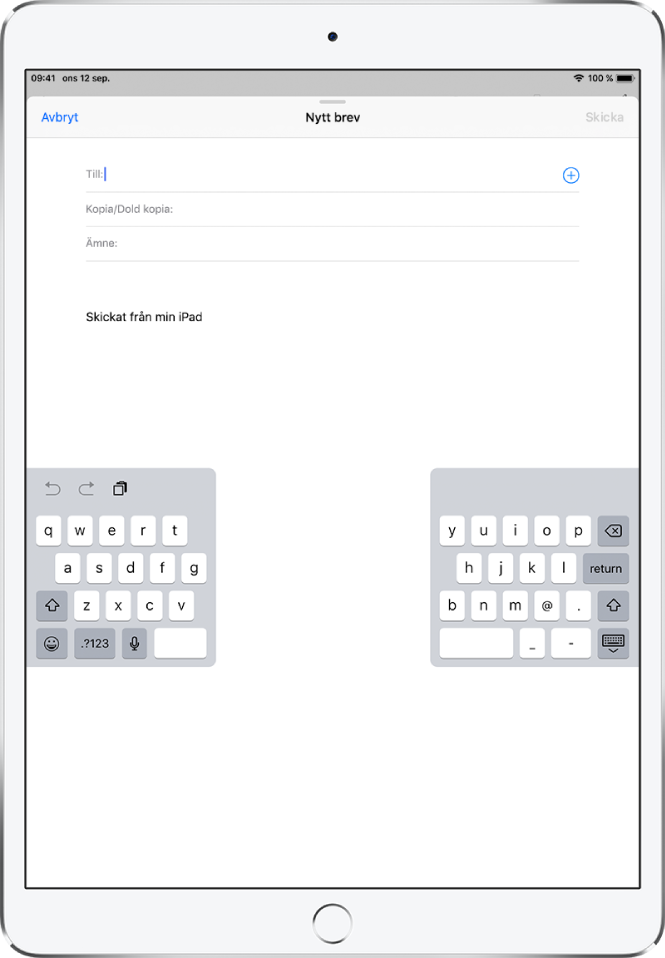 Delat tangentbord som är lösgjort och placerat mitt på iPad-skärmen.