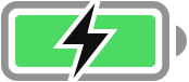 En batterisymbol med en blixt bredvid symbolen anger att batteriet håller på att laddas.