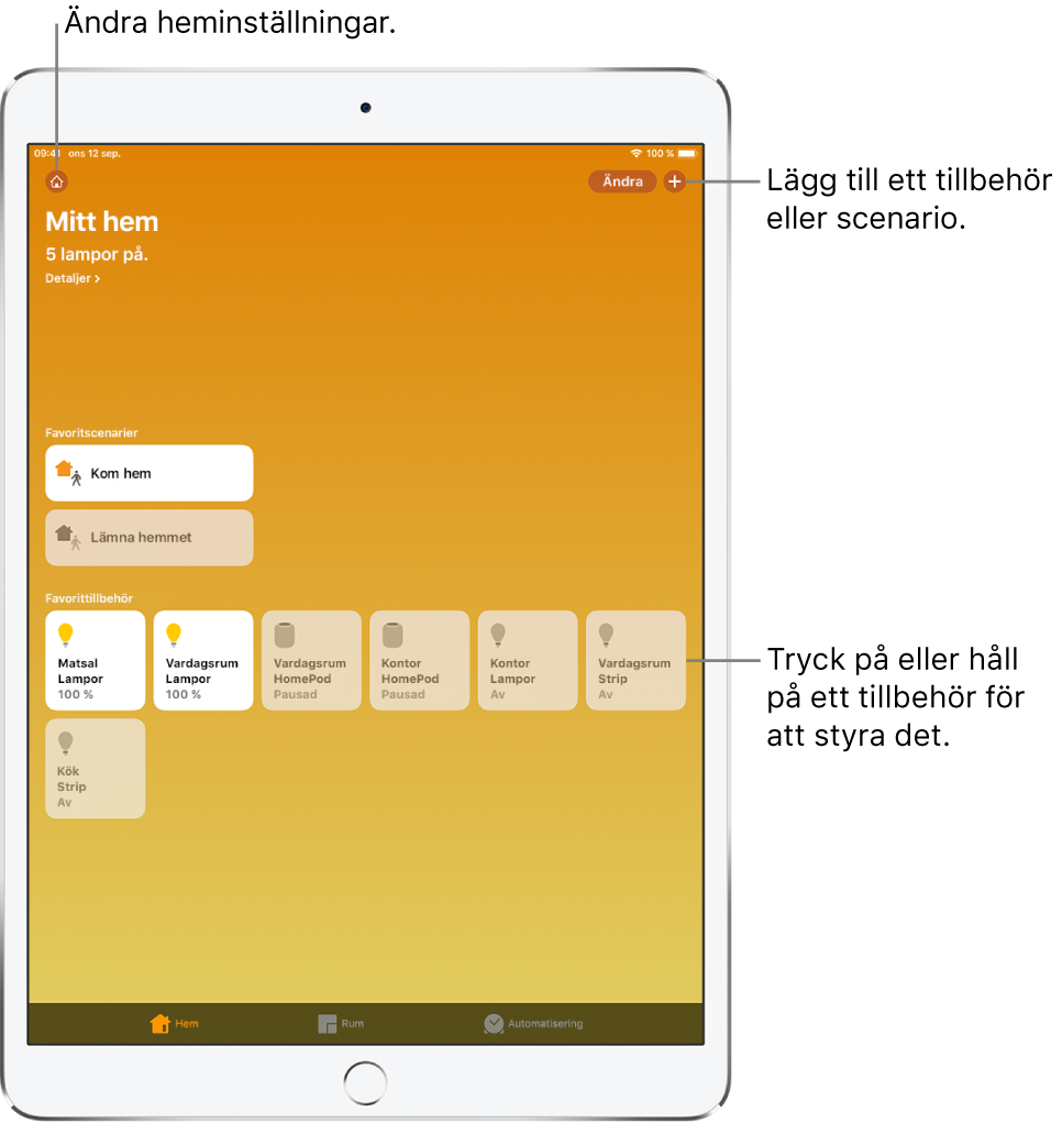 Fliken Hem. Högst upp finns en sammanfattning av hemmets status. Under sammanfattningen visas scenarier och tillbehör som har markerats som favoriter. Längst ned finns flikarna Rum och Automatisering.