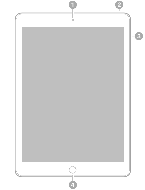 Framsidan på iPad med linjer som pekar på kameran på framsidan högst upp i mitten, den övre knappen till höger på ovansidan, volymknapparna till höger och hemknappen/Touch ID längst ned i mitten.